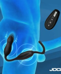 Illustration of a vibrating device designed for intimate use, featuring a remote control