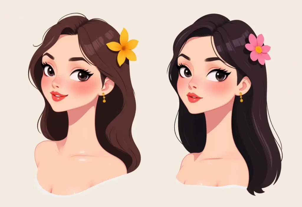 Two illustrated women with different hairstyles and flowers in their hair