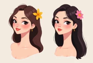 Two illustrated women with different hairstyles and flowers in their hair