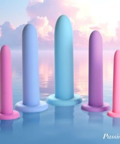 Colorful silicone dildos in pastel shades displayed in serene water setting