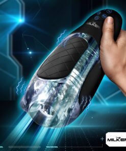 A hand holding a futuristic device with glowing features and buttons.