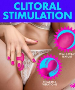 A woman demonstrating a clitoral stimulation device with vibrant pink accents.
