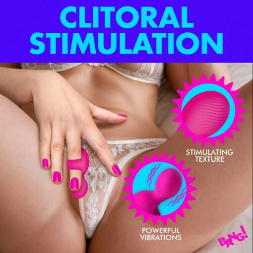 A woman demonstrating a clitoral stimulation device with vibrant pink accents.