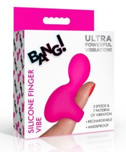 Bright pink silicone finger vibe in packaging