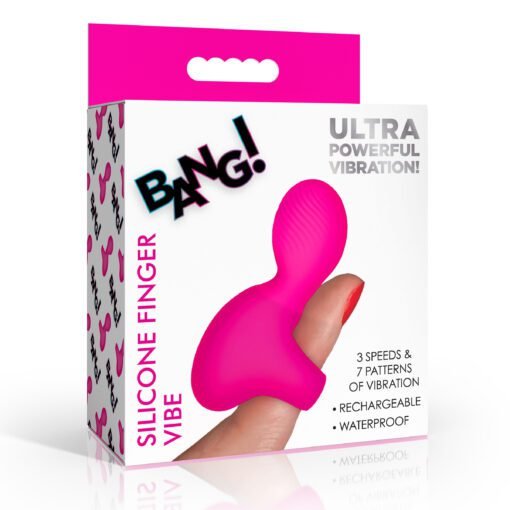 Bright pink silicone finger vibe in packaging