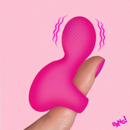 Vibrating pink silicone toy held between fingers