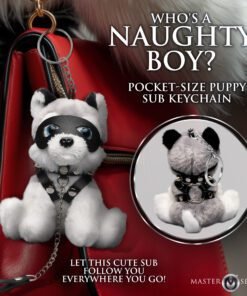 Pocket-size plush puppy keychain with a harness
