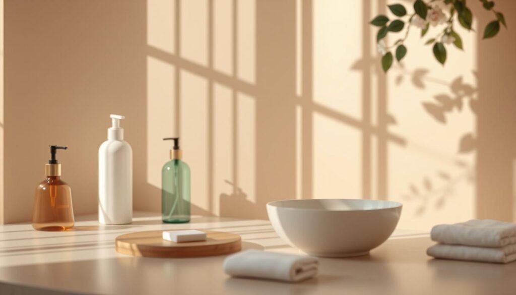 A serene bathroom setting with various skincare products and towels