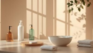 A serene bathroom setting with various skincare products and towels