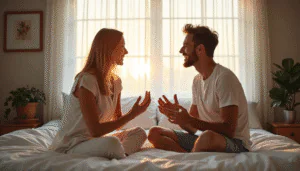 A couple sitting on a bed, smiling and engaged in conversation during sunset.