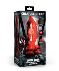 Dragon-themed vibrating dildo packaging with remote control feature