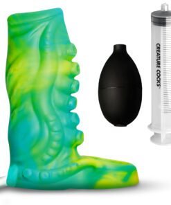 Colorful silicone boot-shaped device with pump and syringe