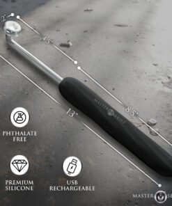 A sleek black and silver device designed for intimate use, featuring measurements and product details.