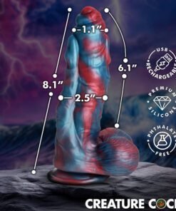 Colorful silicone fantasy toy with dimensions and features highlighted