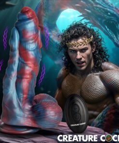 Colorful fantasy-themed silicone toy with a muscular figure in the background.