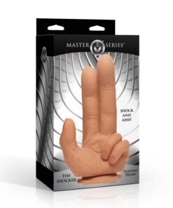Packaging of the Shocker silicone dildo featuring a unique hand design