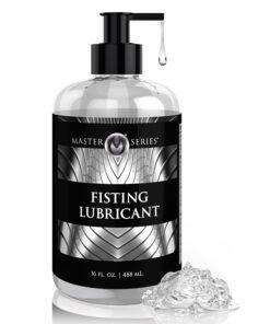 Bottle of Master Series Fisting Lubricant with a pump dispenser