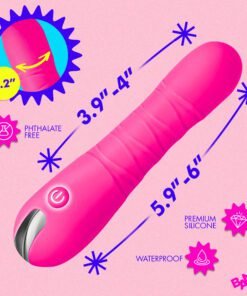 Vibrant pink silicone vibrator with size and material indicators
