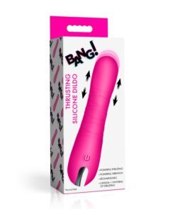 Bright pink thrusting silicone dildo packaging