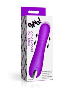 Vibrant purple silicone thrusting dildo packaging with clear features listed