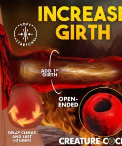A product designed to increase girth, showcasing a vibrant red texture and open-ended design.