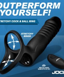 Stretchy cock and ball ring with remote control for enhanced performance