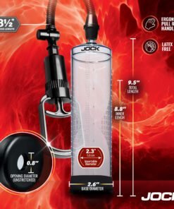 Clear vacuum pump with ergonomic handle and dimensions displayed on a vibrant background.