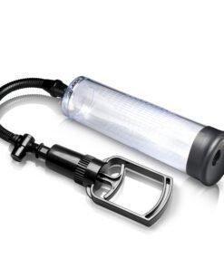 Clear plastic pump with a black handle for personal use