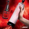 Hand holding a JOCK product with a fiery background