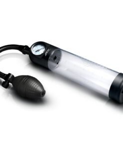 A clear vacuum pump with a pressure gauge and a squeeze bulb.