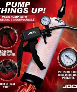 JOCK penis pump featuring an ergonomic trigger handle and pressure gauge