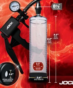 JOCK pump with measurements displayed on a fiery background