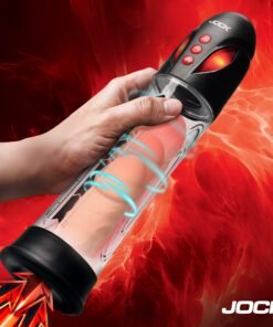 A hand holding a Jock brand sex toy with vibrant red background