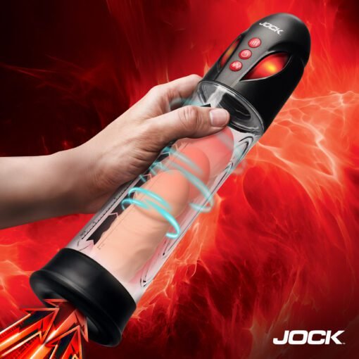 A hand holding a Jock brand sex toy with vibrant red background