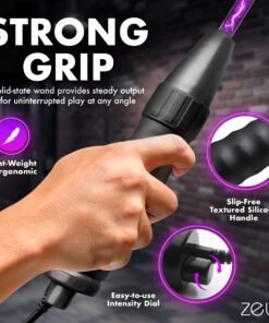 Hand holding a solid-state wand with a purple light, featuring an ergonomic design and intensity dial.