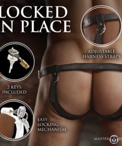 A close-up of a harness with adjustable straps, featuring a locking mechanism and keys.