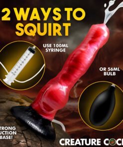 Vibrant red novelty item with squirt features and accessories