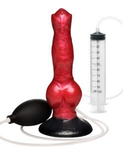 Realistic red silicone dildo with a pump and measuring cylinder