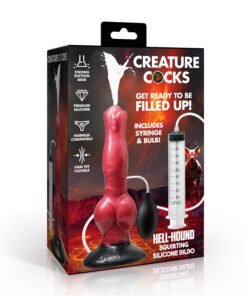 Hell-Hound squirtable silicone dildo package with syringe and bulb