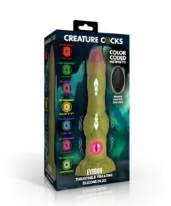 Colorful packaging of a vibrating silicone dildo with different frequency settings.