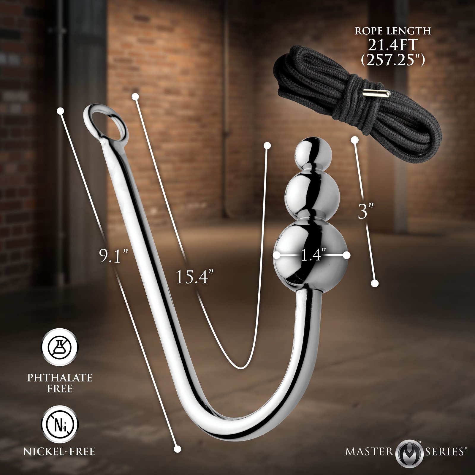 Master Series stainless steel hook with measurements and rope length