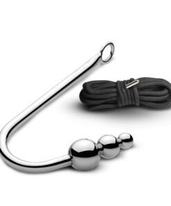 Metal hook with three spherical elements and a black rope