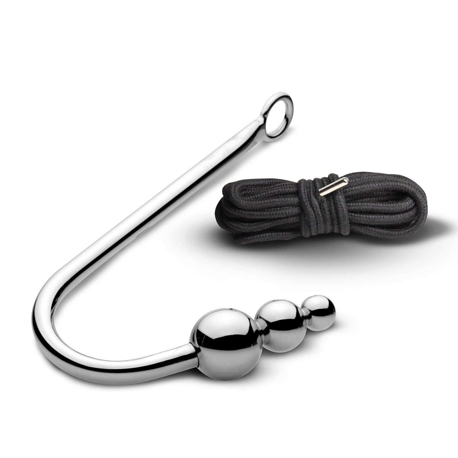 Metal hook with three spherical elements and a black rope