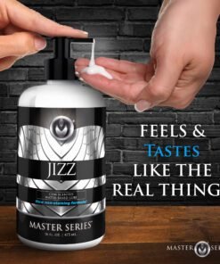 A person dispensing water-based lubricant from a bottle labeled 'JIZZ'.