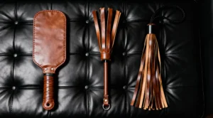 Three leather BDSM accessories on a black leather surface