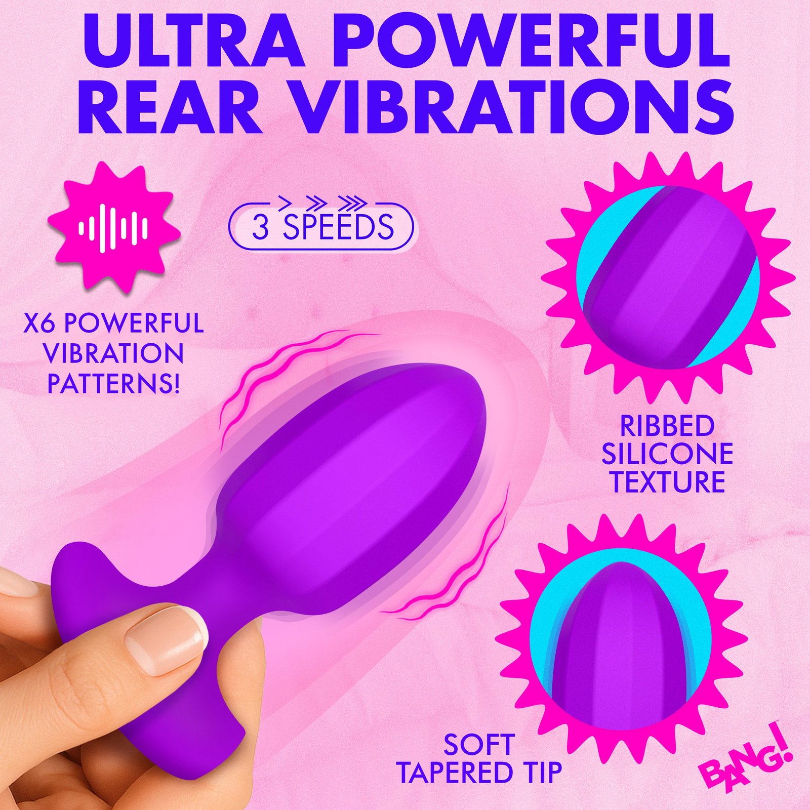 Ribbed Vibrating Silicone Butt Plug - Purple - Image 3